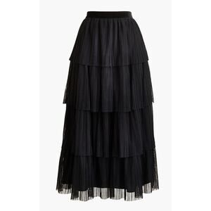 J. Crew Factory Black Tiered Pleated Midi Skirt with Elastic Waist